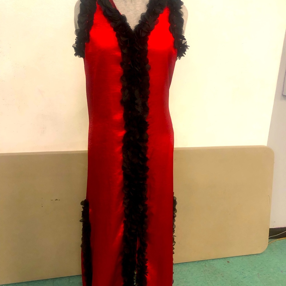 Red satin fabric dress with black flouring for romantic night ,party ,dinner